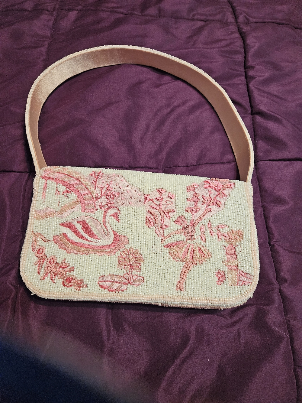 Beaded Pink and Cream Floral Shoulder Bag